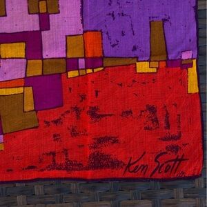 KEN SCOTT vintage red and purple graphic design square cotton neckerchief